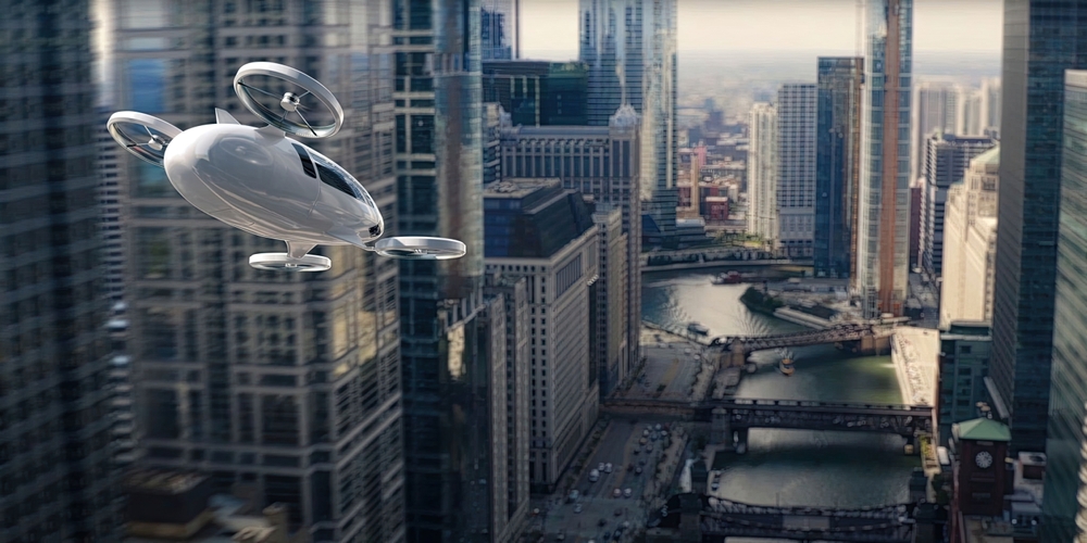 eVTOL over Chicago skyline - Example of Aerospace in Composites
